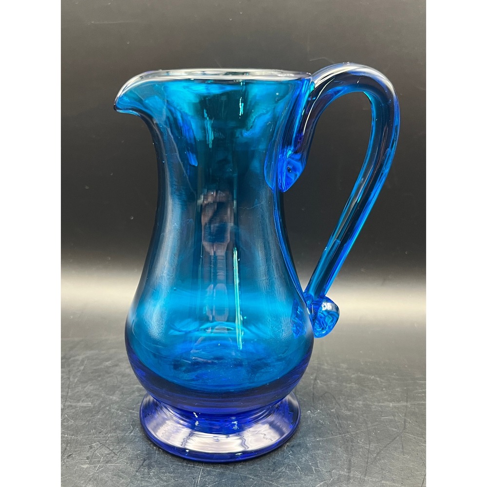 Vtg Hand Blown Blue Glass Pitcher Vase Decorative Tableware Kitchen Decor 5"